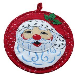 Vintage Quilted Santa Claus Christmas Pot Holder With Holly Accent
